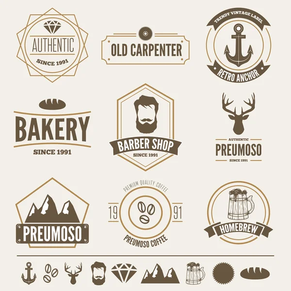 Conjunto de insignias retro vintage, elementos de diseño vectorial, signos comerciales, identidad, etiquetas, insignias, prendas de vestir, camisas, cintas, pegatinas y otros objetos de marca . — Vector de stock