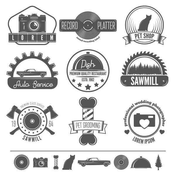 Conjunto de insignias retro vintage, elementos de diseño vectorial, signos comerciales, identidad, etiquetas, insignias, prendas de vestir, camisas, cintas, pegatinas y otros objetos de marca . — Vector de stock