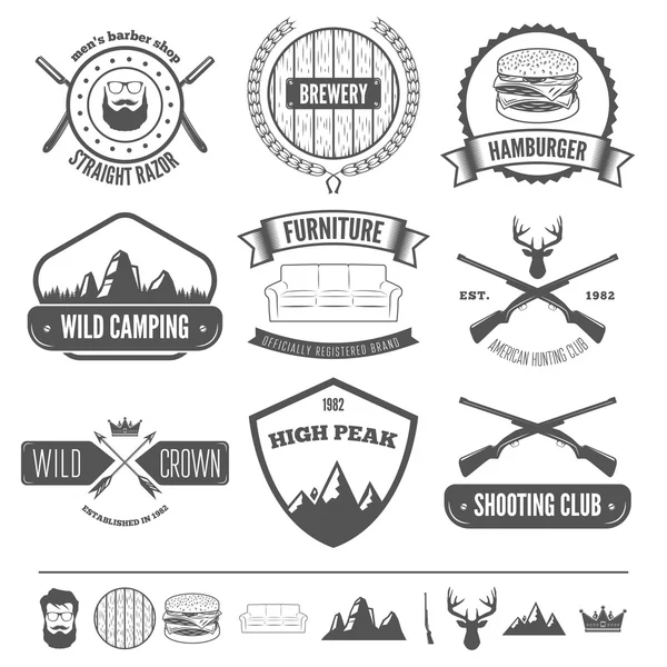 Conjunto de insignias retro vintage, elementos de diseño vectorial, signos comerciales, identidad, etiquetas, insignias, prendas de vestir, camisas, cintas, pegatinas y otros objetos de marca . — Vector de stock