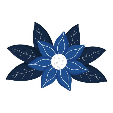 Beyaz arka planda yaprakları olan mavi renkli şık bir kış çiçeği. Tasarım ögesi, dekor için Clipart. Aralık, Noel nesnesi.