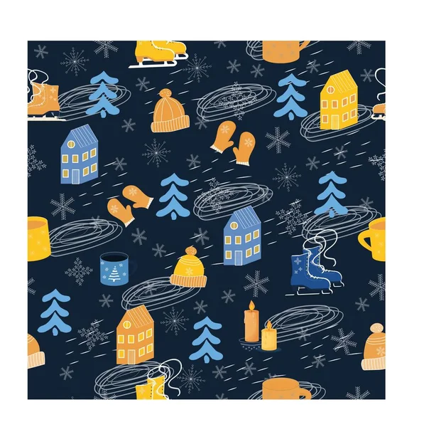 Lumineux Hiver Noël Hygge Motif Sans Couture Sur Fond Bleu — Image vectorielle