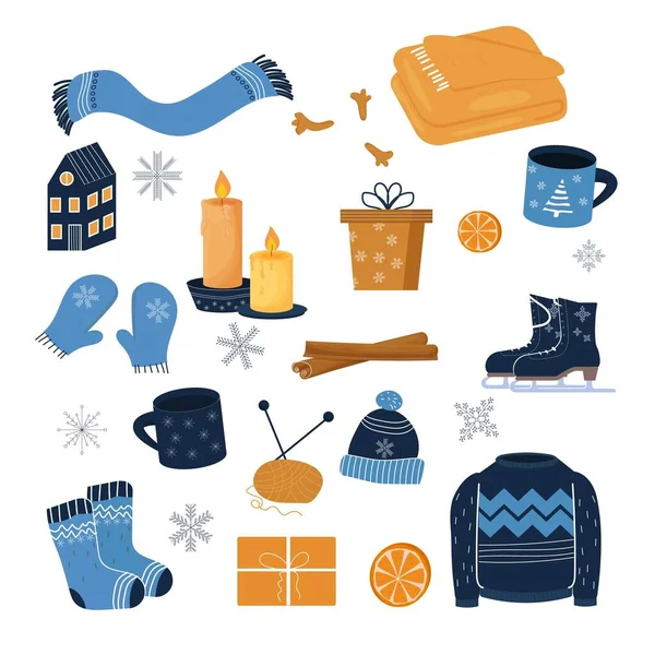 스칸디나비아 하이에나 따뜻하고 겨울철의 요소들을 놓는다 크리스마스 선물과 뜨개질 스웨터 — 스톡 벡터
