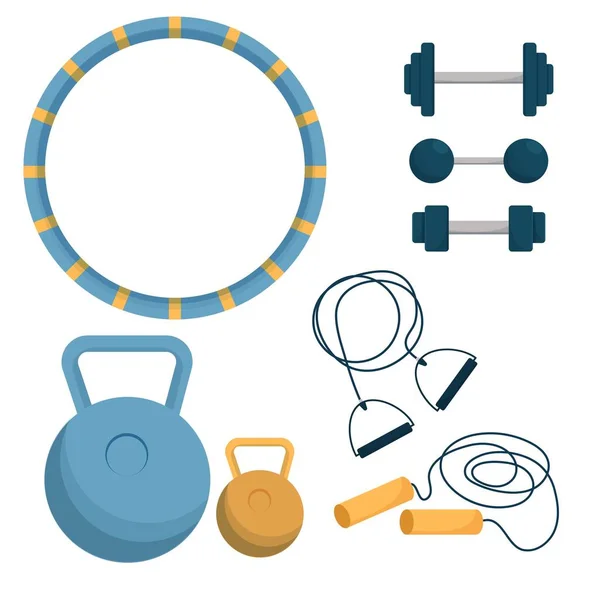 Conjunto de equipos para entrenamiento, entrenamiento Hula hoop, expansor, mancuerna aislada sobre fondo blanco. Actividad del objeto fot, aeróbico. — Archivo Imágenes Vectoriales