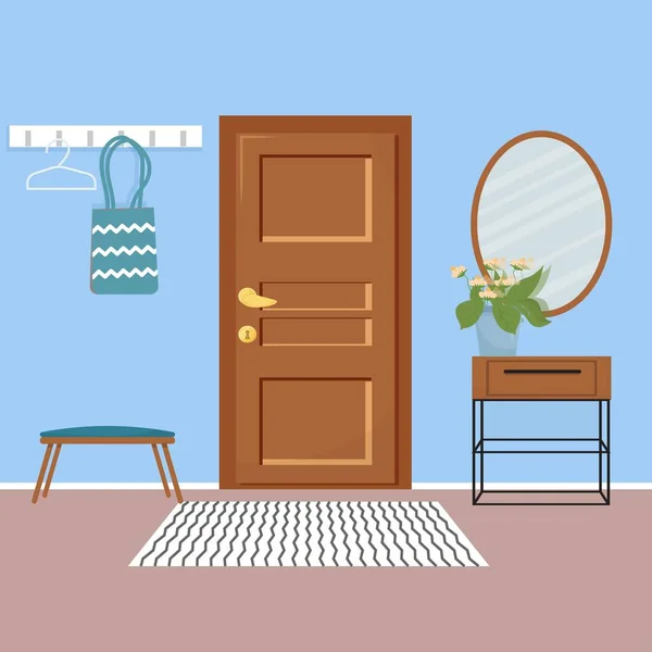 Vector interior del pasillo del hogar con muebles en estilo plano de dibujos animados. Plantilla de entrada de puerta de casa, espejo, muebles blancos en estilo minimalista — Vector de stock