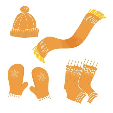 Sıcak kış örgü şapka, eldiven, çorap ve bedavaya süslenmiş eşarp, beyaz arka planda izole edilmiş İskandinav tarzı. Moda tasarım ögeleri koleksiyonu.