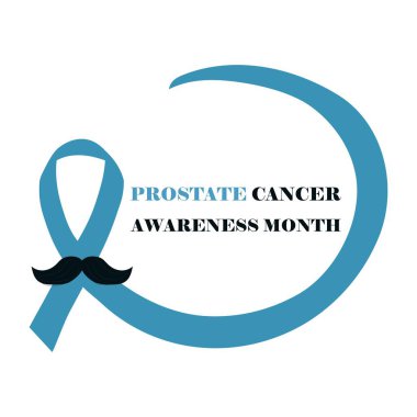 Prostat kanseri farkındalığı, beyaz arka planda izole edilmiş bıyıklı mavi kurdele. Destek sembolü, tıbbi adam sorunu, hoşgörü ve yardım.