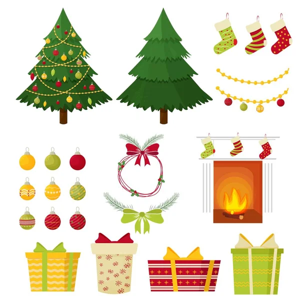 Stel Kerstbomen Decoraties Cadeautjes Ballen Voor Dennenbomen Vakantie Sokken Open — Stockvector
