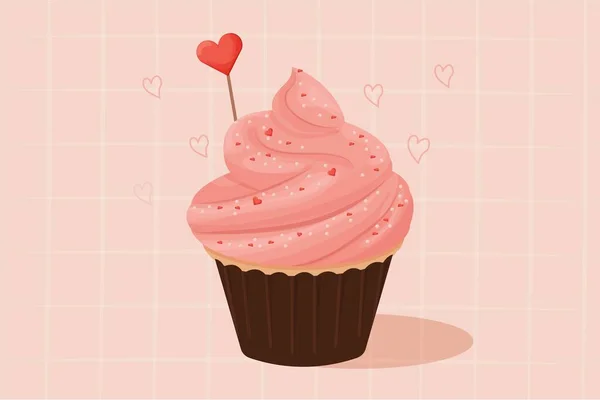 Cupcake Con Crema Rosa Sabroso Postre Delicioso Con Decoración Corazón — Vector de stock