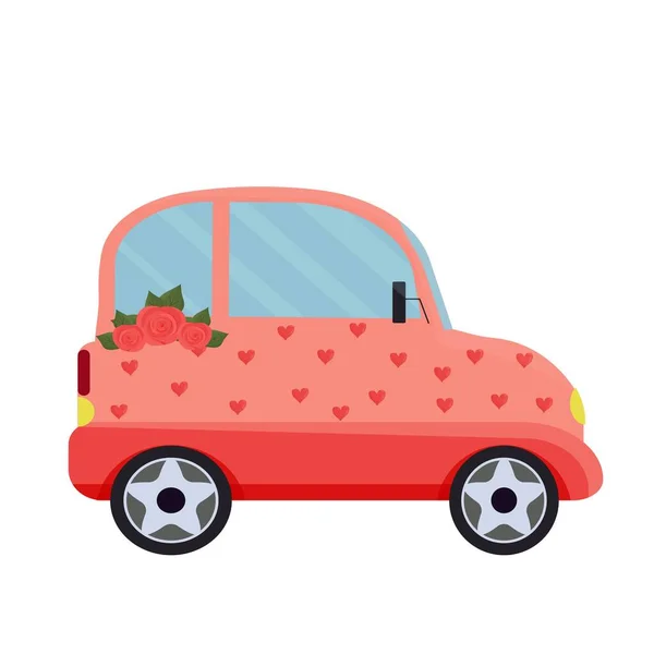 심장과 장미를 배경에 귀여운 자동차 낭만적 발렌타인데이 디자인 창조적 스타일의 — 스톡 벡터