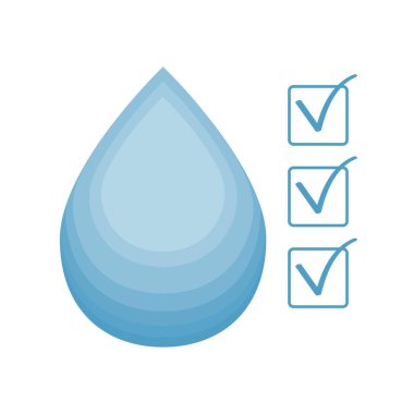Su damlası temiz, kalite onaylı, tamam sembolü beyaz arka planda izole edilmiş. Amblem, içilebilir, filtrelenmiş su işareti. Tasarım ögesi.