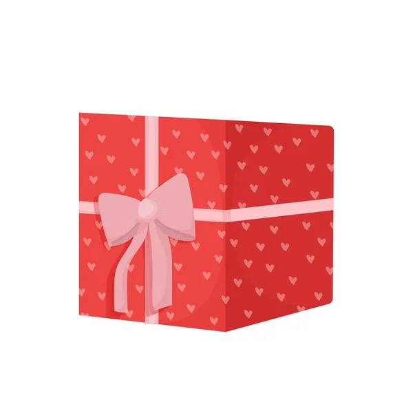 Geschenkbox mit Schleife in roter Farbe, dekoriert mit Herzen auf weißem Hintergrund. Valentinstag, Clipart, einziges Gestaltungselement. — Stockvektor