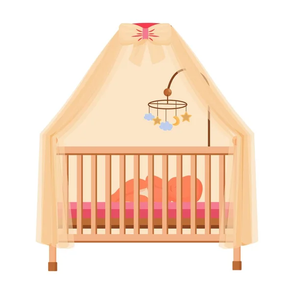 Kleines niedliches Baby, das in der Wiege schläft, Bett mit Handy und Zelt isoliert auf weißem Hintergrund. Detaillierte Dekoration Clipart, Design-Element. — Stockvektor