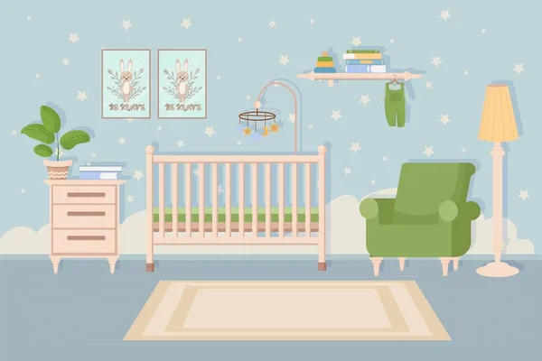 Elegante, moderne, comfortabele baby peuter slaapkamer, kamer interieur. Babybedje, stoel, tafel en plank. Muur met versieringen. — Stockvector