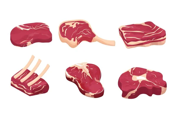 Impostare pezzi di differenza, fetta di carne cruda, bistecca isolata su sfondo bianco. Disegno dettagliato con grasso e costola. Obiettivi, Clipart. Vista da vicino. — Vettoriale Stock