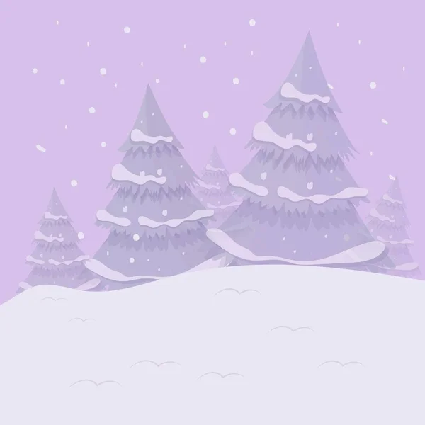 Paisaje de fantasía invernal, fondo de hadas con pinos y copos de nieve. Elegante, tarjeta de moda, cartel. En colores rosados elegantes. — Vector de stock