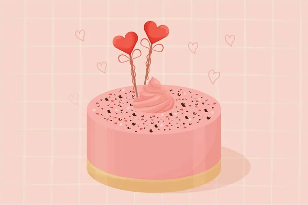 Detallado y llevar pastel romántico rosa, para saludar a San Valentín, acristalado sobre fondo moderno abstracto. Cartel, pancarta o tarjeta de felicitación. — Vector de stock