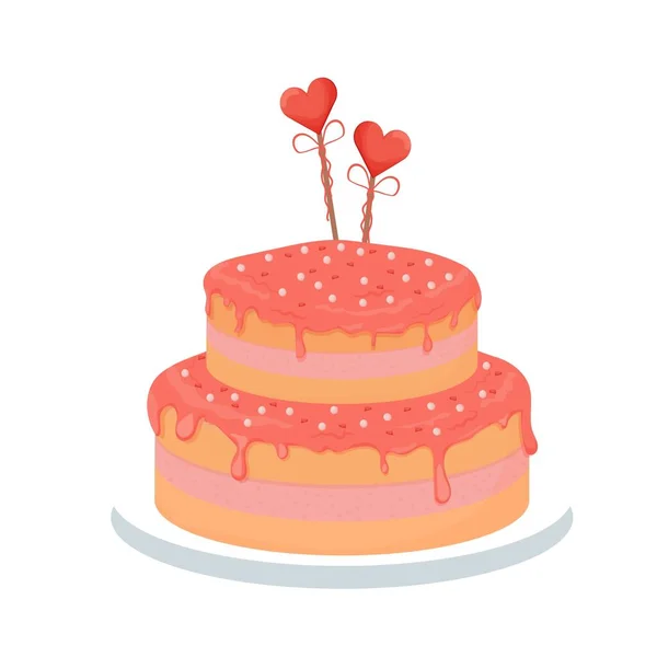 Detaljerad och ta med rosa romantisk kaka, för hälsning glaserat isolerad på vit bakgrund. Festligt element, clipart. — Stock vektor