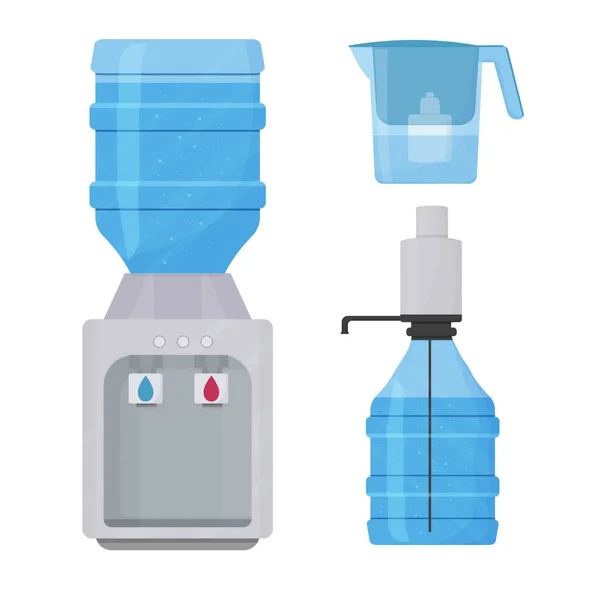 Set of water filter, cooler, plastic bottle equipment for clean aqua isolated on white background. Household, office objects. — Stock Illustration Set Water Filter Cooler Plastic Bottle Equipment Clean Aqua Isolated Stock Illustration