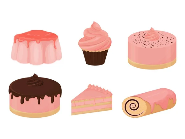 Set Van Gedetailleerde Kleurrijke Desserts Voor Romantische Gelegenheden Valentijnsdag Dating — Stockvector