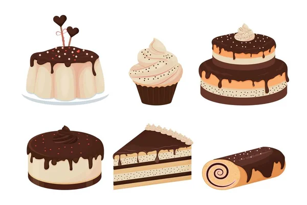 Ensemble Desserts Détaillés Glacés Avec Cupcake Chocolat Gâteau Fromage Pudding — Image vectorielle