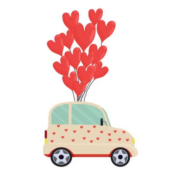 Romantic cartoon car with balloons decorated with hearts isolated on white background. Romantic, valentine day, greeting concept, clipart or design element. vector