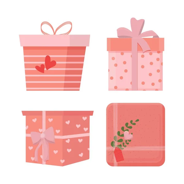 Conjunto Diferentes Regalos Románticos Cajas Con Regalos Con Lazo Decoración — Vector de stock