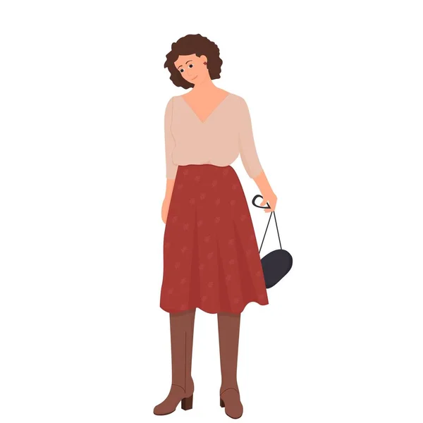 Mujer Elegante Estilo Calle Pie Sosteniendo Bolso Aislado Sobre Fondo — Vector de stock