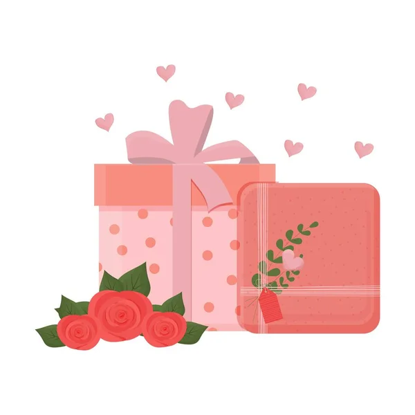 Valentine Geschenk Boxen Geschenke Mit Einem Strauß Rosen Elegante Komposition — Stockvektor