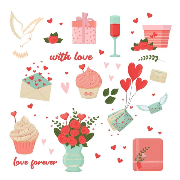 バレンタインデー ロマンチックなデートや愛のフラットスタイルで設定します ハートの文字 かわいいギフト 白い背景に隔離された甘いカップケーキ グリーティングカード 装飾のためのデザイン要素コレクション — ストックベクタ