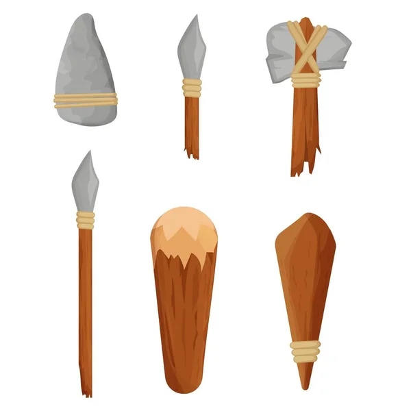 Steinzeitliche Werkzeuge Ausrüstung Für Höhlenmenschen Isoliert Auf Weißem Hintergrund Keule — Stockvektor