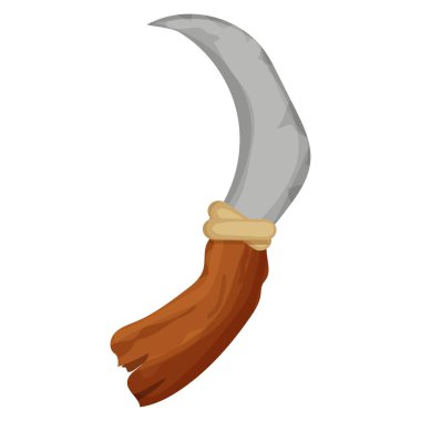 Taş devri aleti, silah, keskinleştirilmiş taş ve tahta çubuktan çıkan bıçak beyaz arka planda karikatür tarzında izole edilmiş. İlkel tarih ekipmanları. 