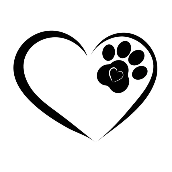 Heart Dog Paw Isolated White Background Black Abstract Symbol Love — Stock Vector