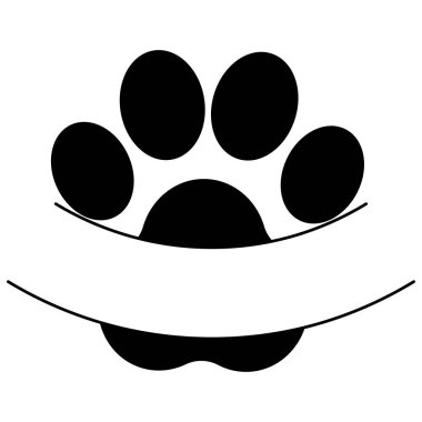 Sevimli siyah pençe izi çerçeve, beyaz arkaplanda izole çizgi film tarzında monogram. Köpek sever, bakım konsepti, damga, simge. 