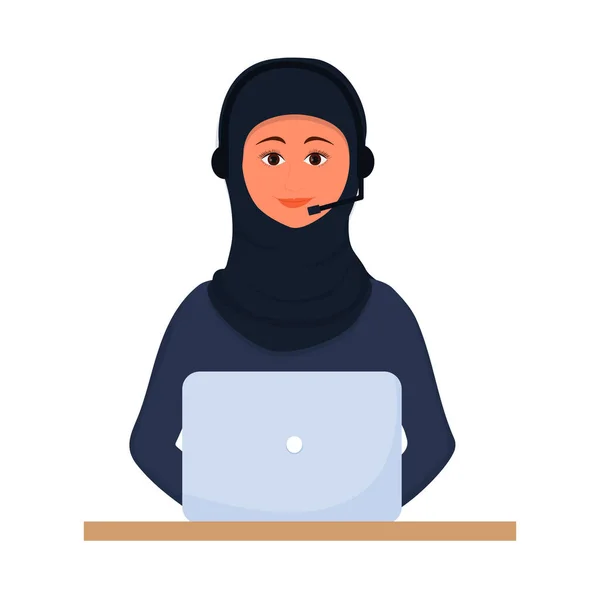 Mulher Árabe Hijab Trabalhando Operador Call Center Suporte Com Laptop —  Vetores de Stock