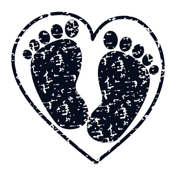 Cute Grunge Baby Footprint Heart Shape Isolated White Background Baby — Stock Vector