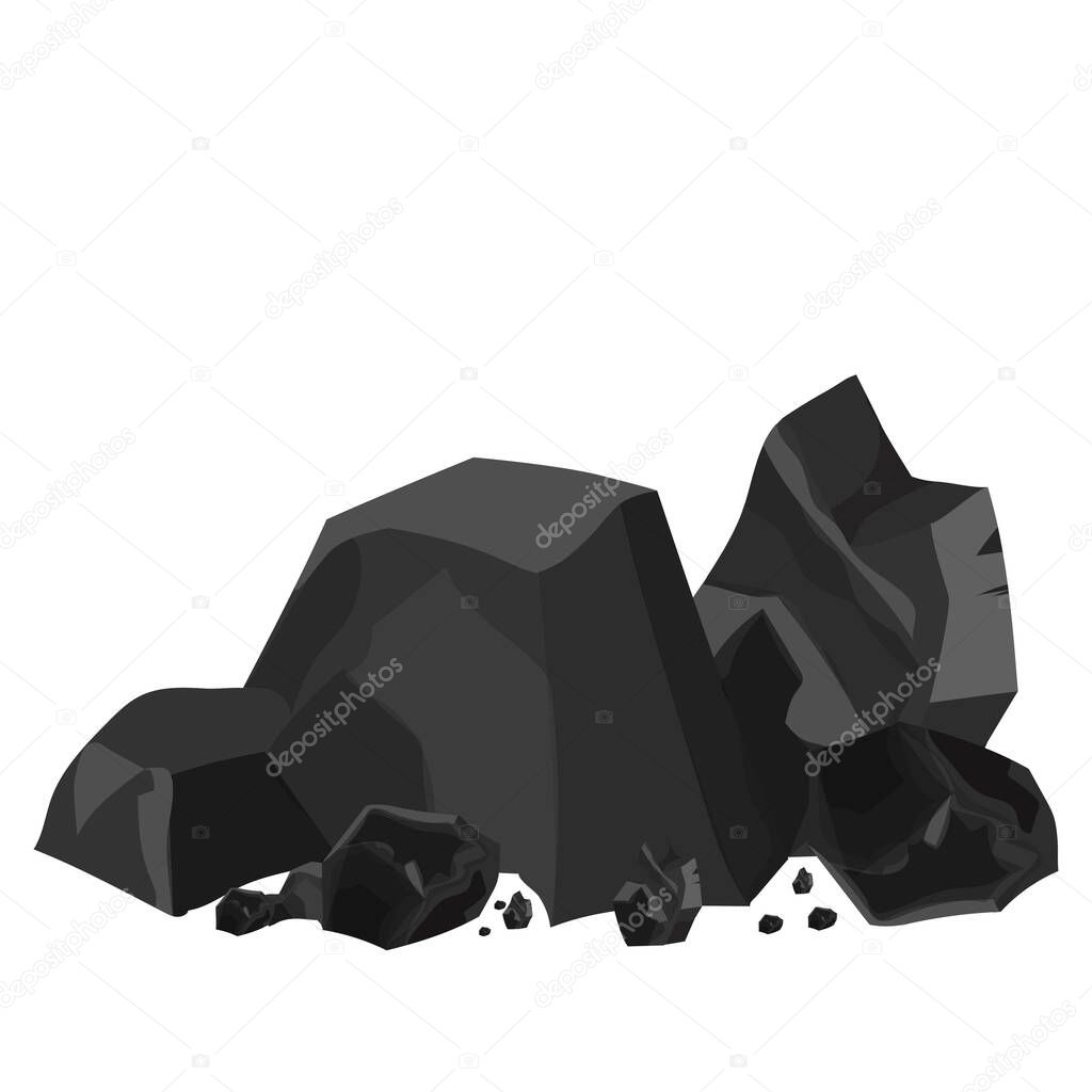 Coal pile, energy industrial material isolated on white background in cartoon style in black and grey colours. Carbon, resource with texture and structure. Game element.