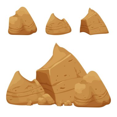 Beyaz arka planda izole taş kayalar, çizgi film tarzında detaylı çizimler, çatlak elementler ve ui oyunları. Koleksiyon büyük yapılar. 