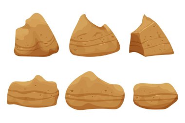 Beyaz arka planda izole taş kayalar, çizgi film tarzında detaylı çizimler, çatlak elementler ve ui oyunları. Koleksiyon büyük yapılar. 