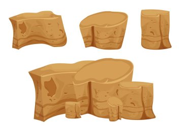 Beyaz arka planda izole taş kayalar, çizgi film tarzında detaylı çizimler, çatlak elementler ve ui oyunları. Koleksiyon büyük yapılar. 