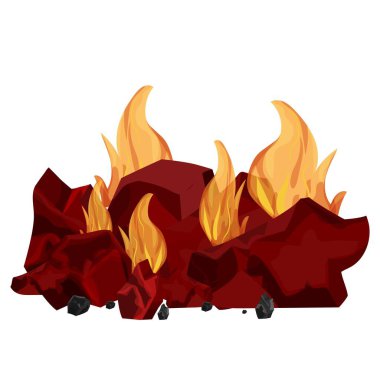 Beyaz arka planda izole edilmiş kömür yığını, alevler içinde yanan kömür. Ayrıntılı, karikatür tarzı parlak şenlik ateşi, klişe ya da tasarım öğesi. Barbekü, aşçı için ızgara ateşi.. 