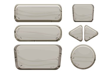 Taş düğme koleksiyonu, beyaz arka planda izole edilmiş karikatür tarzında taş varlıklar. Maden detaylı nesneler ui oyun arayüzü, uygulama paneli.