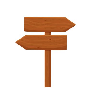 Ahşap tabela, beyaz arka planda izole edilmiş çizgi film tarzıyla yönü gösteriyor. Vahşi batı, evet mal varlığı tasarımı. Boş tahta, oklu pankart ayrıntılı ve desenli. 