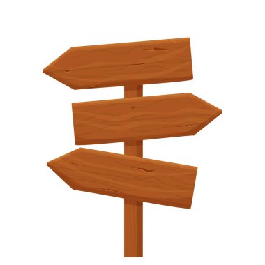 Ahşap tabela, beyaz arka planda izole edilmiş çizgi film tarzıyla yönü gösteriyor. Vahşi batı, evet mal varlığı tasarımı. Boş tahta, oklu pankart ayrıntılı ve desenli. 