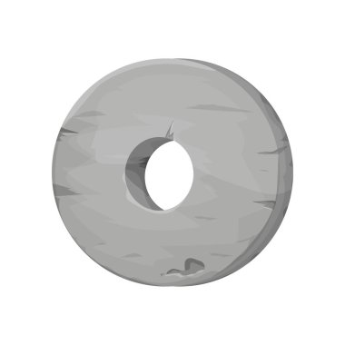 Çizgi film tarzında taş tekerlek, antik çağ, beyaz arka planda izole edilmiş karikatür tarzında tarih öncesi teknoloji. Kayadan, mağara adamından, evrimden kalma ilkel yuvarlak nesne..