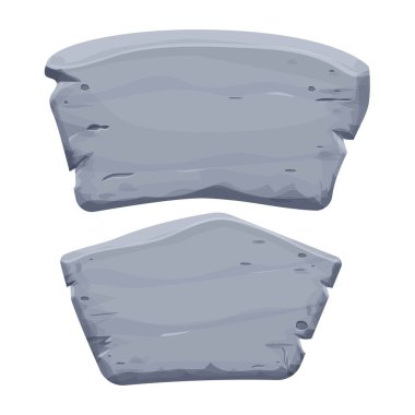 Taş tablet seti, beyaz arka planda karikatür tarzında çatlak elementli kaya afişi. Gri çerçeve, arayüz ui oyunları için blok kayası.