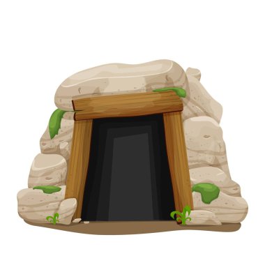Taştan eski bir mağara, beyaz arka planda karikatür tarzında yosun ve çimen içeren kayalar. Tahtalardan giriş, karanlık gizemli tünel. Konum, inşaat, clipart, ui varlığı.