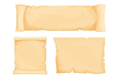 Weset parşömeni, parşömen kağıdı, beyaz arka planda izole edilmiş çizgi film tarzında boş antika kağıt. Peri, fantezi unsuru, evet varlıklar. Desenli, detaylı boş el yazması.