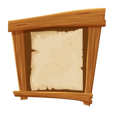 Tahta levhalardan pankart, karikatür stili parşömen, vahşi batı çerçevesi, beyaz arka planda izole edilmiş tahta. Ui oyun varlıkları, boş ahşap masa. 