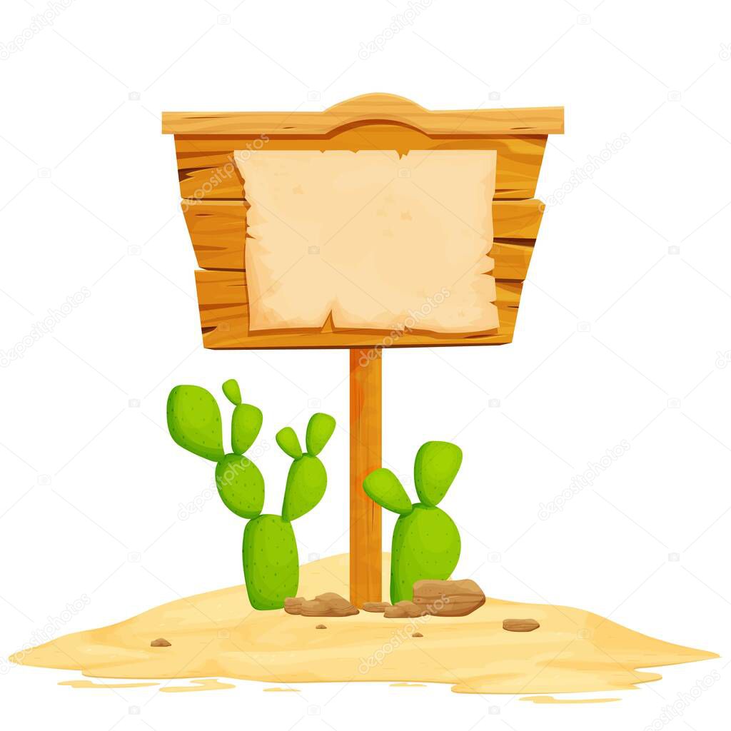 Letrero del oeste salvaje con pergamino, cactus y arena del desierto