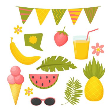 Merhaba yaz seti, beyaz arka planda izole nesneler koleksiyonu, İskandinav tarzı. Muz, ananas, çilek ve karpuz meyveleri. Konuşma balonu, palmiye yaprakları ve güneş gözlükleri. 